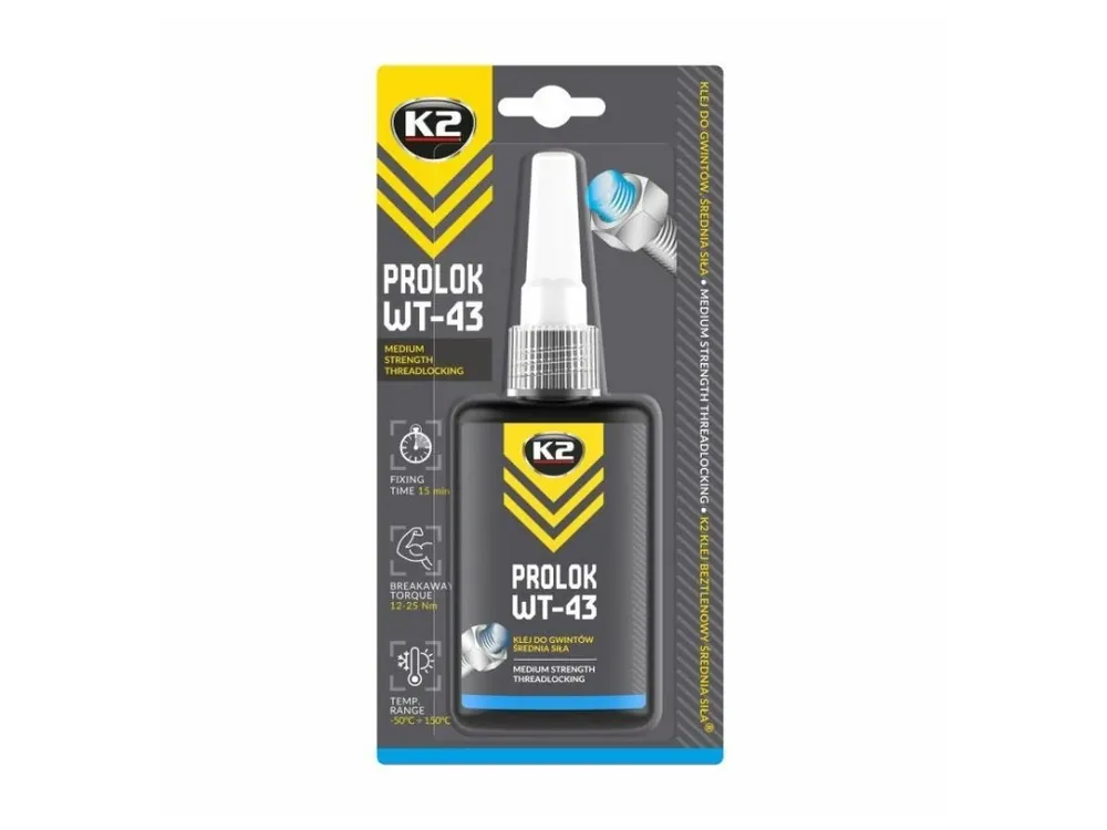 Cenový Hit K2 PROLOK WT-43 - 50 ml - fixátor šroubových spojů střední pevnosti (modrý), WT-43
