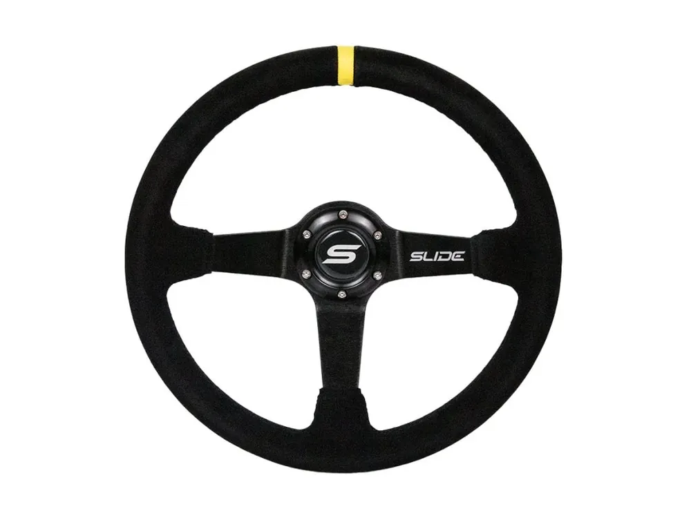 Nová Kolekce Sportovní volant SLIDE 350mm, semiš - žlutý proužek