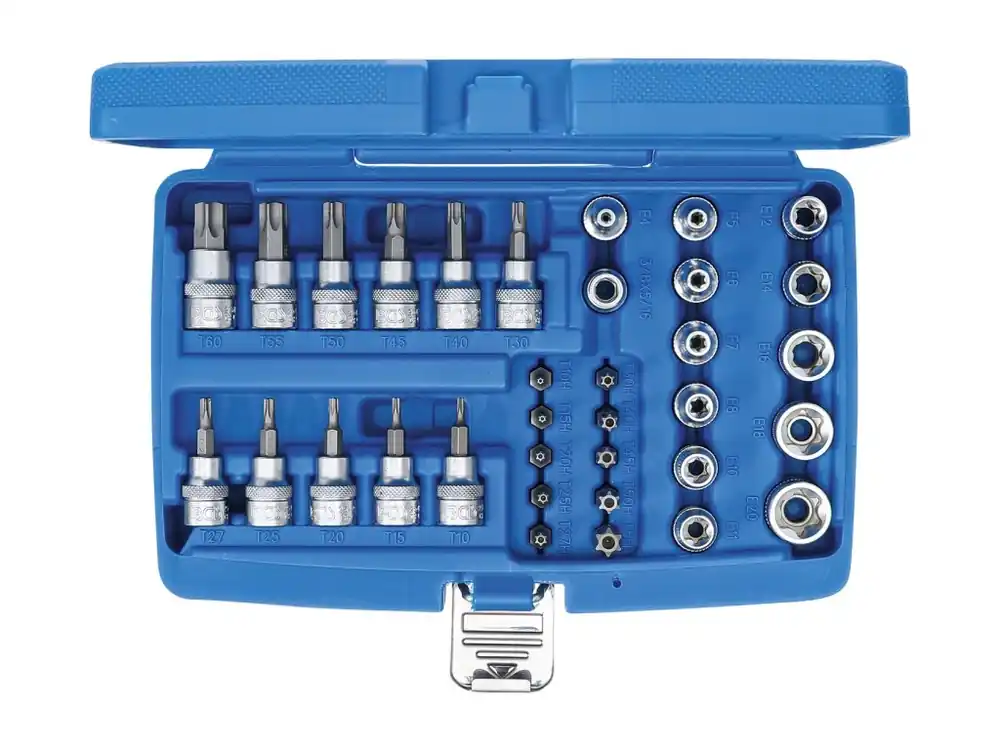 Hlavice nástrčné a zástrčné TORX (T10-T55) a E-TORX (E4-E20), sada 34 ks - BGS 5021 Tovární Cena