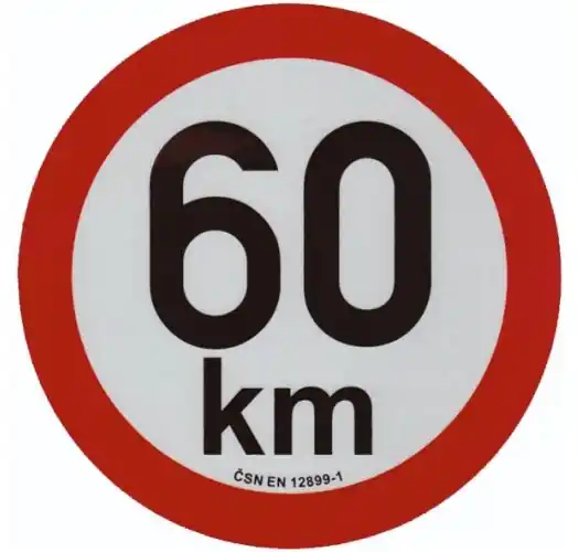 Samolepka konstrukční rychlosti 60 km, reflexní, průměr 20 cm, s normou ČSN EN 12899-1 Aktuální