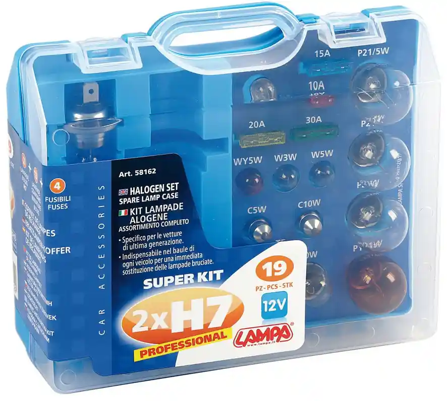 Servisní box žárovek na 12V H7 + H7 + pojistky (19 dílná sada) - Lampa Italy Časově Omezené