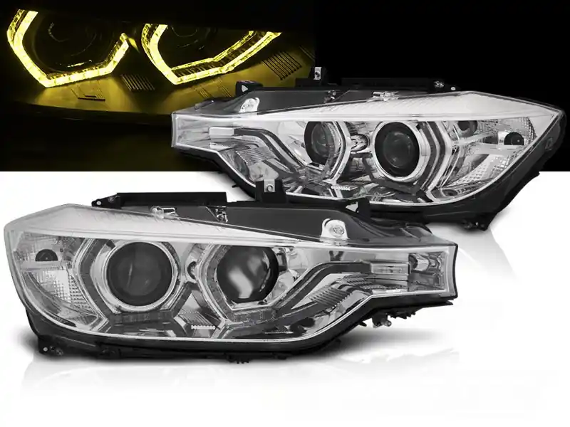 Přímo Od Výrobce BMW F30/F31 11-15 - Přední chromová světla ANGEL EYES s žlutým LED DRL