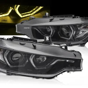 BMW F30/F31 11-15 - Přední černá světla ANGEL EYES s žlutým LED DRL Omezená Nabídka