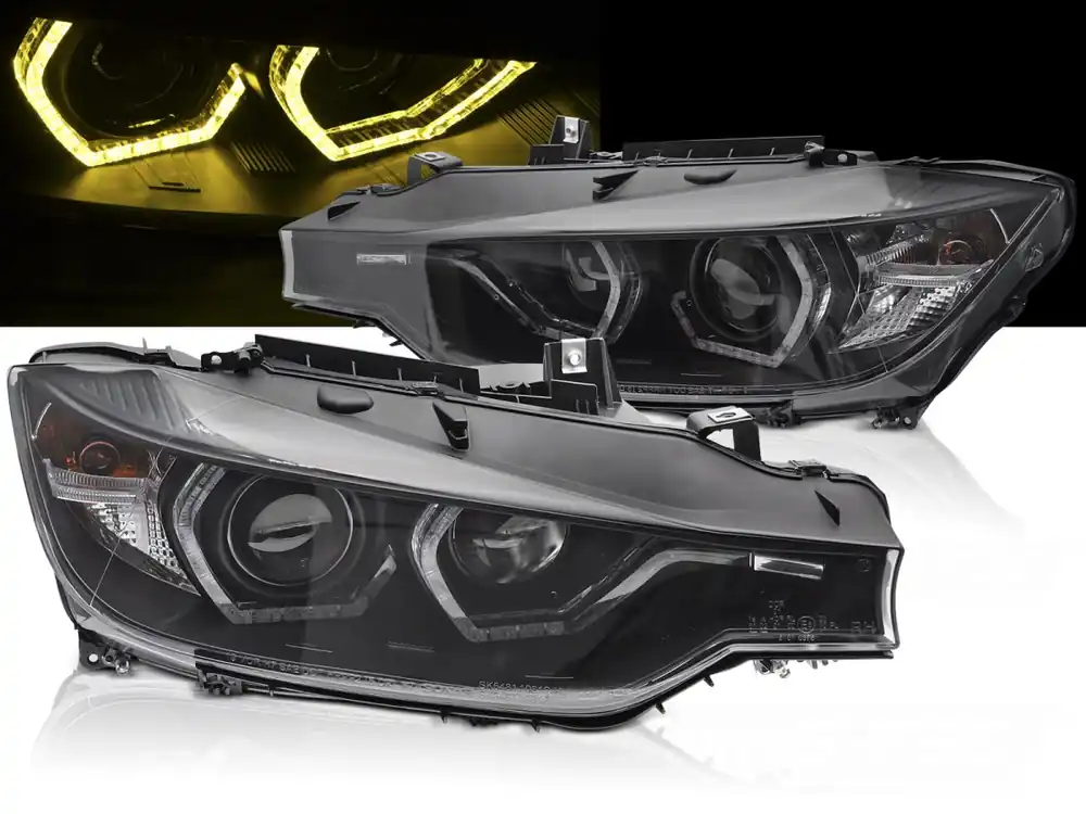 BMW F30/F31 11-15 - Přední černá světla ANGEL EYES s žlutým LED DRL Omezená Nabídka