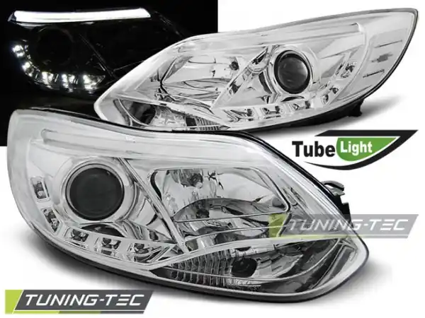 Značkový Přední čirá LED světla Ford Focus III (2010 - 2014) - Tube Light - chromované